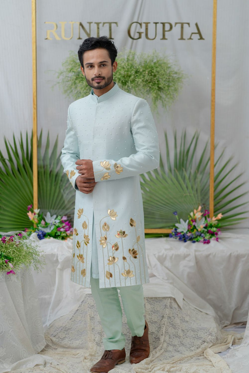 Aayan Lotus Powder Blue  Embroidered  Sherwani Set