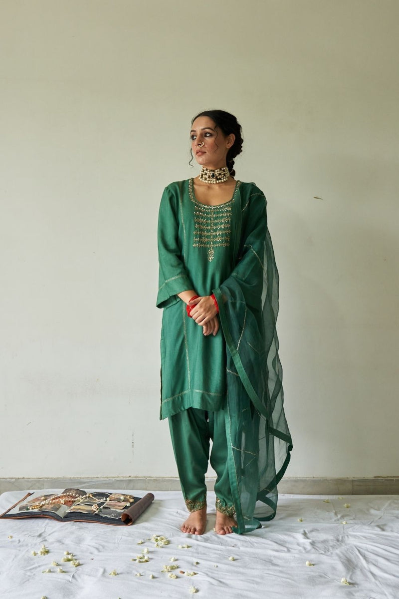 Hara Lahoriya Kurta with Peshwa Salwar and Dupatta