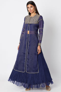 Cobalt Blue Embroidered Jacket Lehenga Set