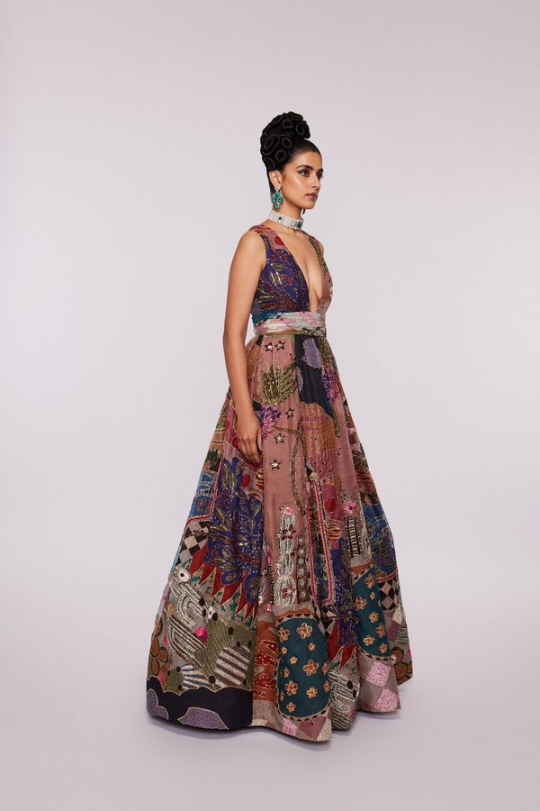 Peach Divergence Dudes printed and embellished organza gown