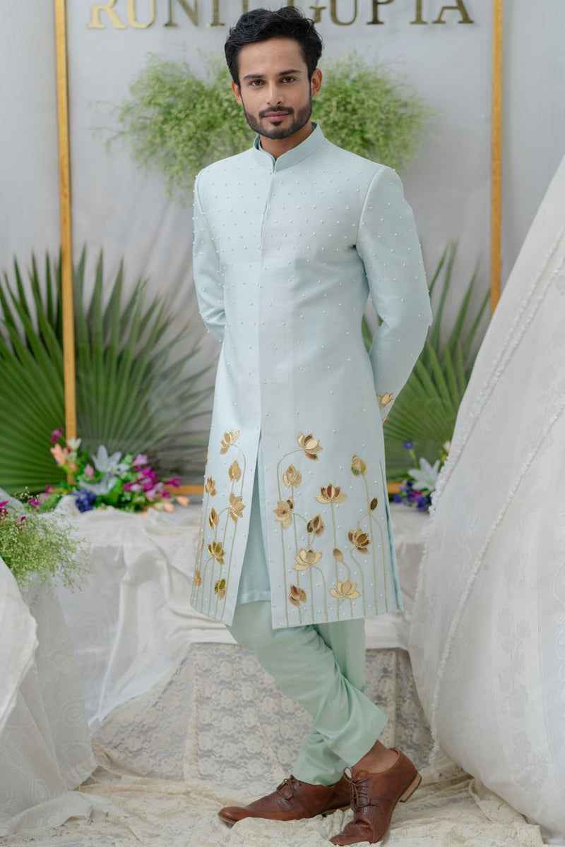 Aayan Lotus Powder Blue  Embroidered  Sherwani Set