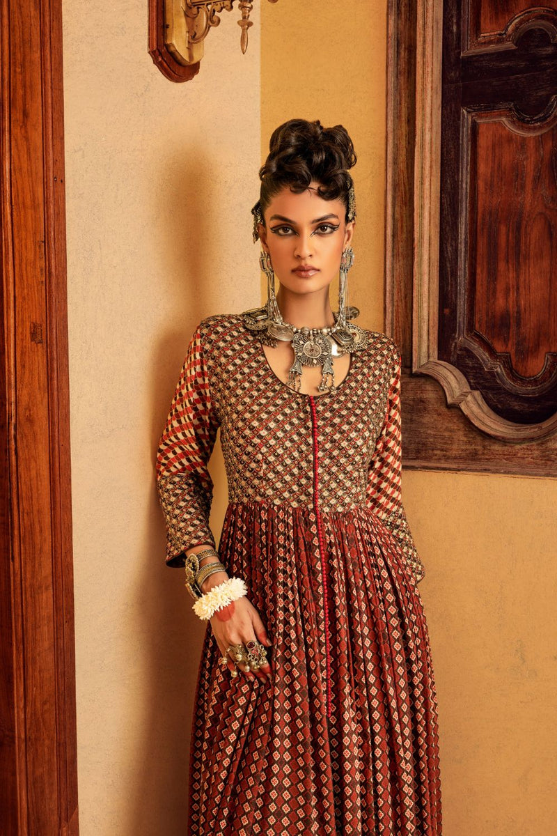 Brown Printed  & Embroidered Dress