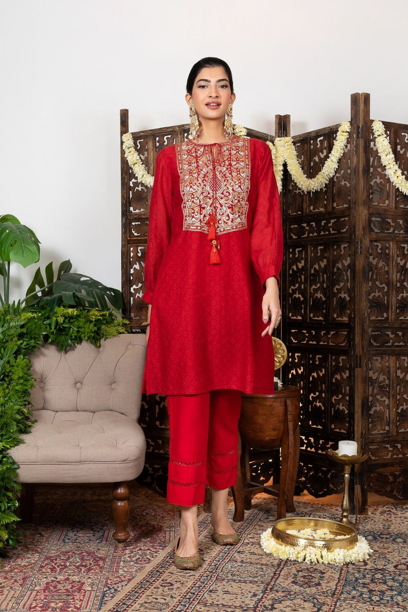 Red Embroidered Short Kurta Set