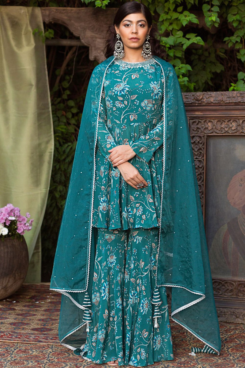 Teal Printed Sharara Set With Dupatta