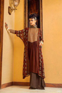 Brown Printed  & Embroidered Dress