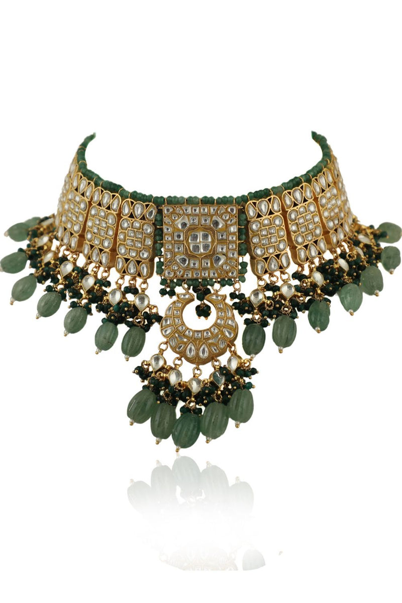 GEOMATRICAL NECKLACE SET WITH EARINGS IN EMERALD AND SEA GREEN BEADS