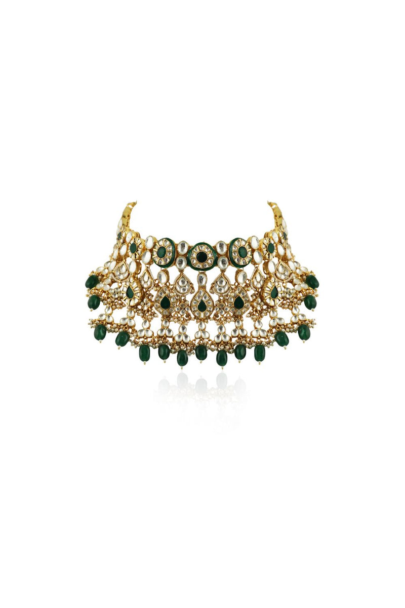 GREEN MEENAKARI DOUBLE LAYERED NECKLACE SET