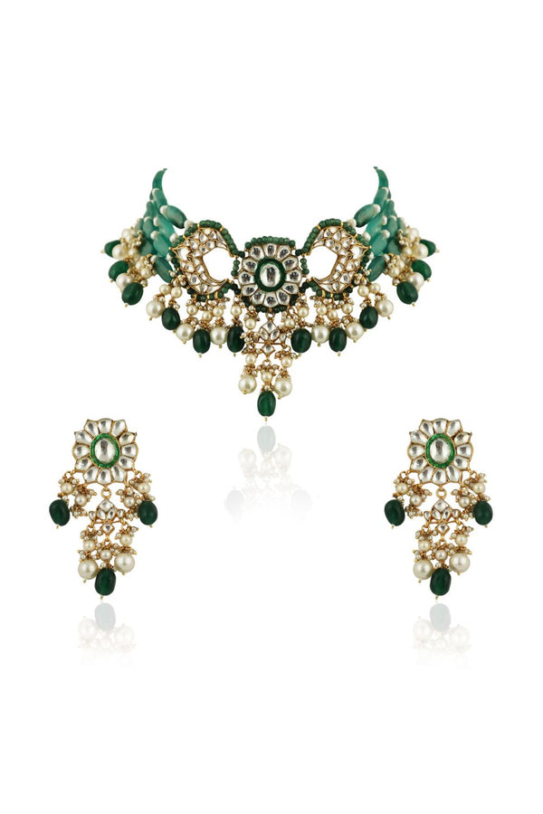 GREEN CHOKER NECKLACE SET WITH CHAND DESIGN IN 22KT GOLD PLATING