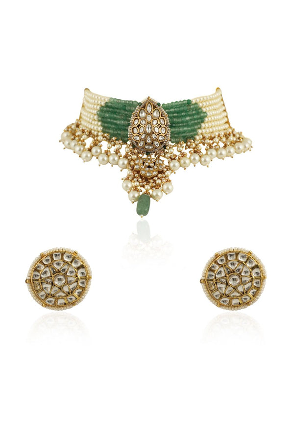 A 22KT GOLD PLATED CHOKER WITH ITS UNIQUE SHAPE IN SEA GREEN AND PEARLS