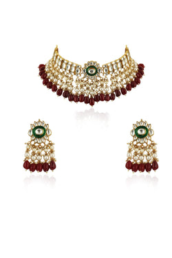 RED BEADS WITH GREEN MEENAKARI WHITE JADTAR  CHOKER SET