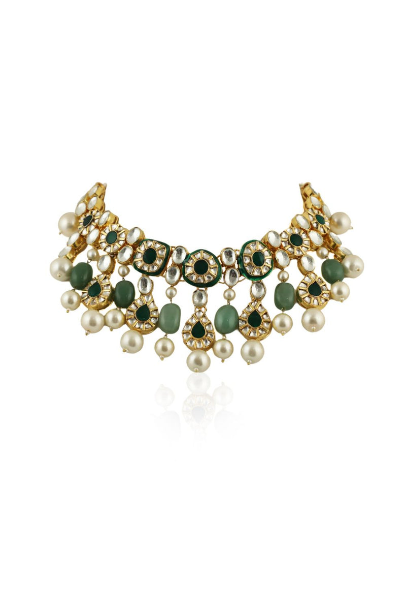 GREEN MEENAKARI NECKLACE SET WITH WHITE PEARL