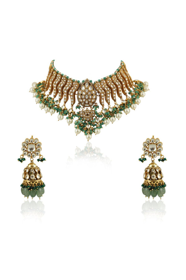 FESTIVE WEAR NECKLACE SET IN 22KT GOLD PLATING, CARVED UNIQUELY WITH SEA GREEN BEADS AND PEARLS