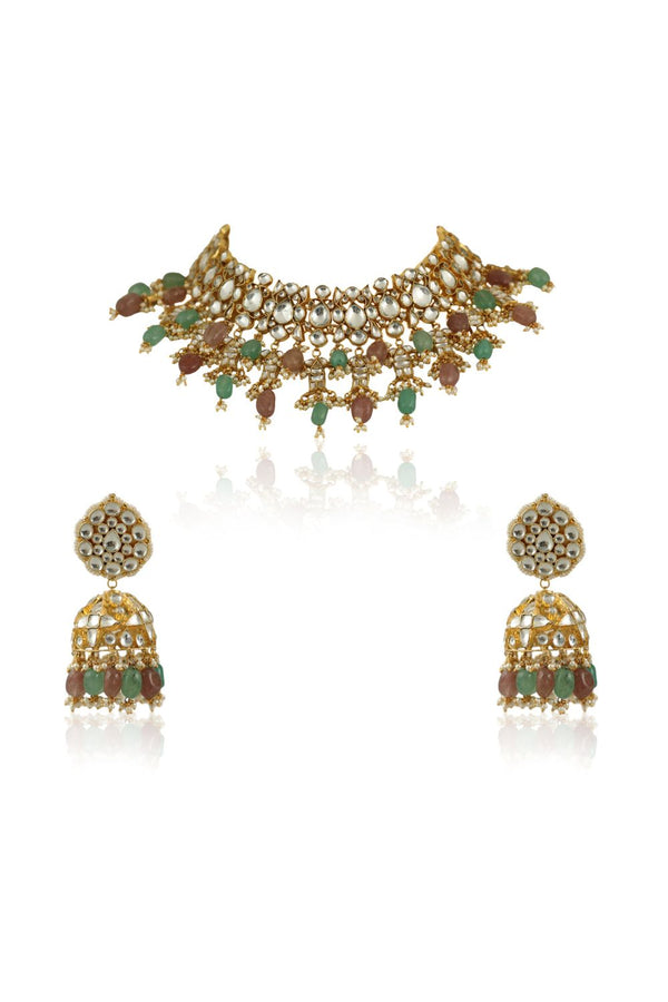 PASTEL PINK AND SEA GREEN  BEADS  NECKLACE  SET IN 22KT GOLD PLATING, WITH JHUMKI EARINGS