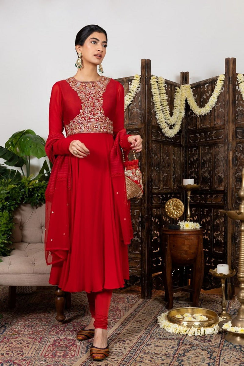 Red Embroidered Anarkali Set