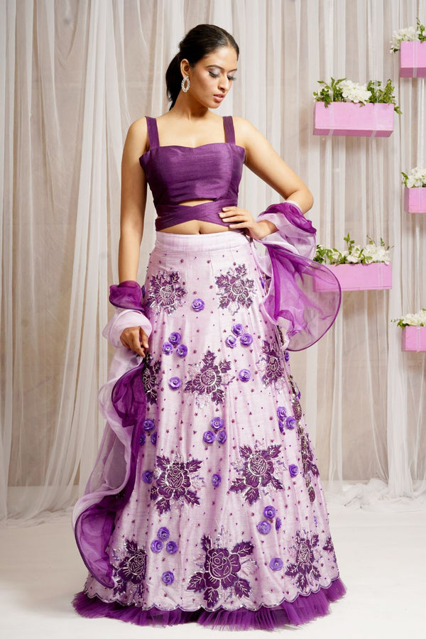 3 PIECE HAND EMBROIDERED LEHENGA SKIRT WITH BOUSE AND RUFFLED DUPATTA