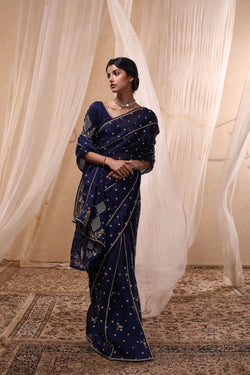 Cobalt Blue Embroidered Saree Set