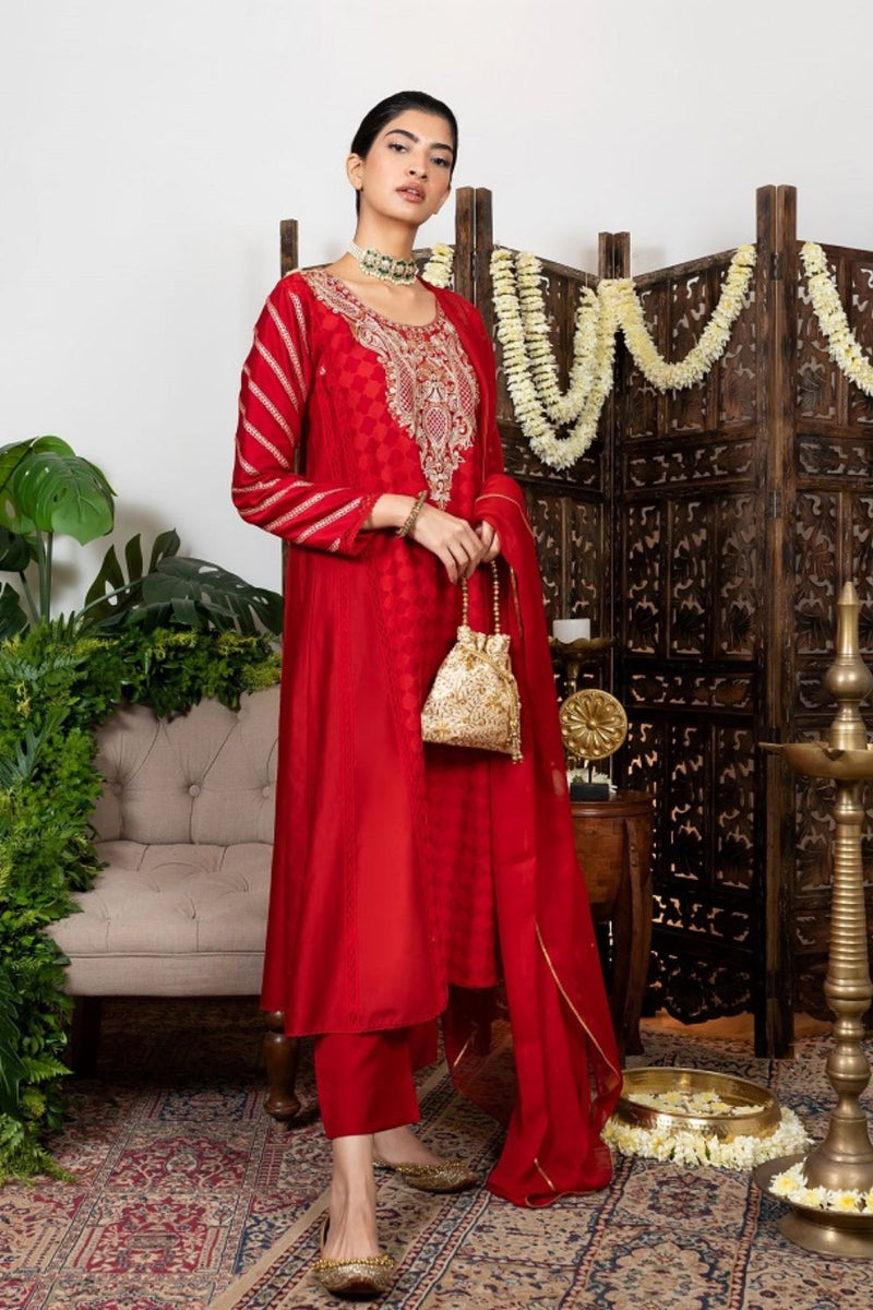 Red Embroidered Kurta Set