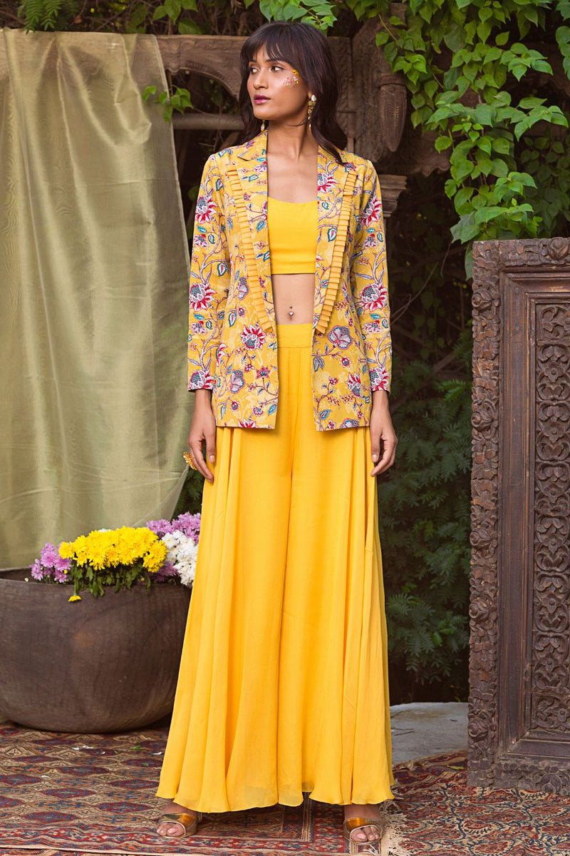 Yellow Printed Jacket With Palazzo