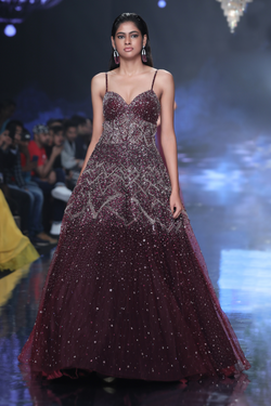 Jewel-toned Cassis Gown In Hand Embellished Net With Geometric Motifs And Deep Cut Back