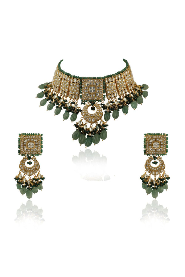 GEOMATRICAL NECKLACE SET WITH EARINGS IN EMERALD AND SEA GREEN BEADS