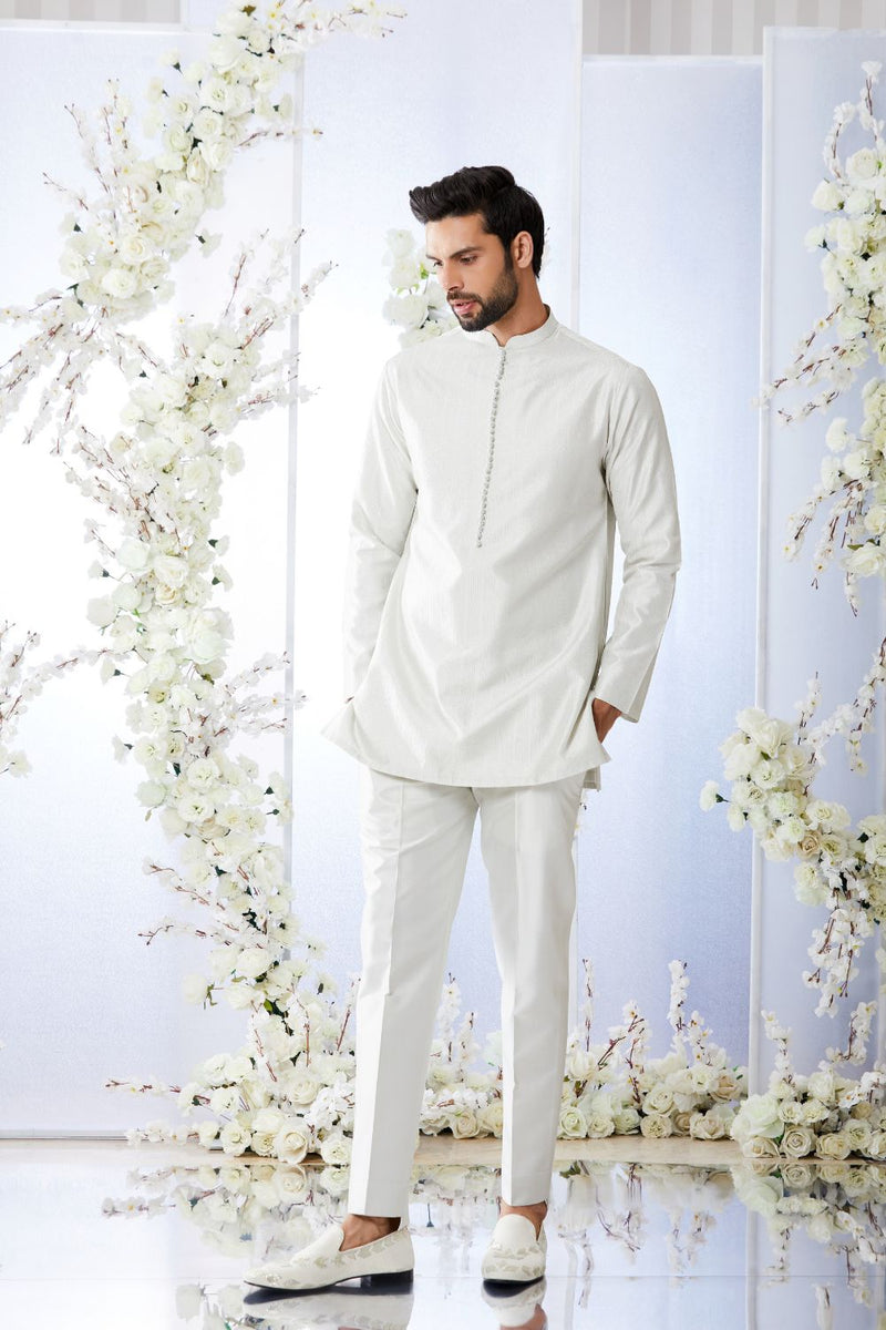 Anique Silver Open Short Sherwani Set