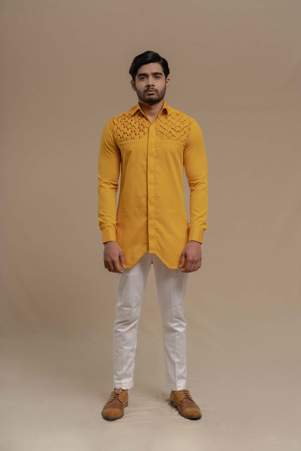 MUSTARD SMOCKING SHORT KURTA/TUXEDO SHIRT SET