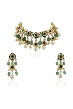 GREEN MEENAKARI NECKLACE SET WITH WHITE PEARL