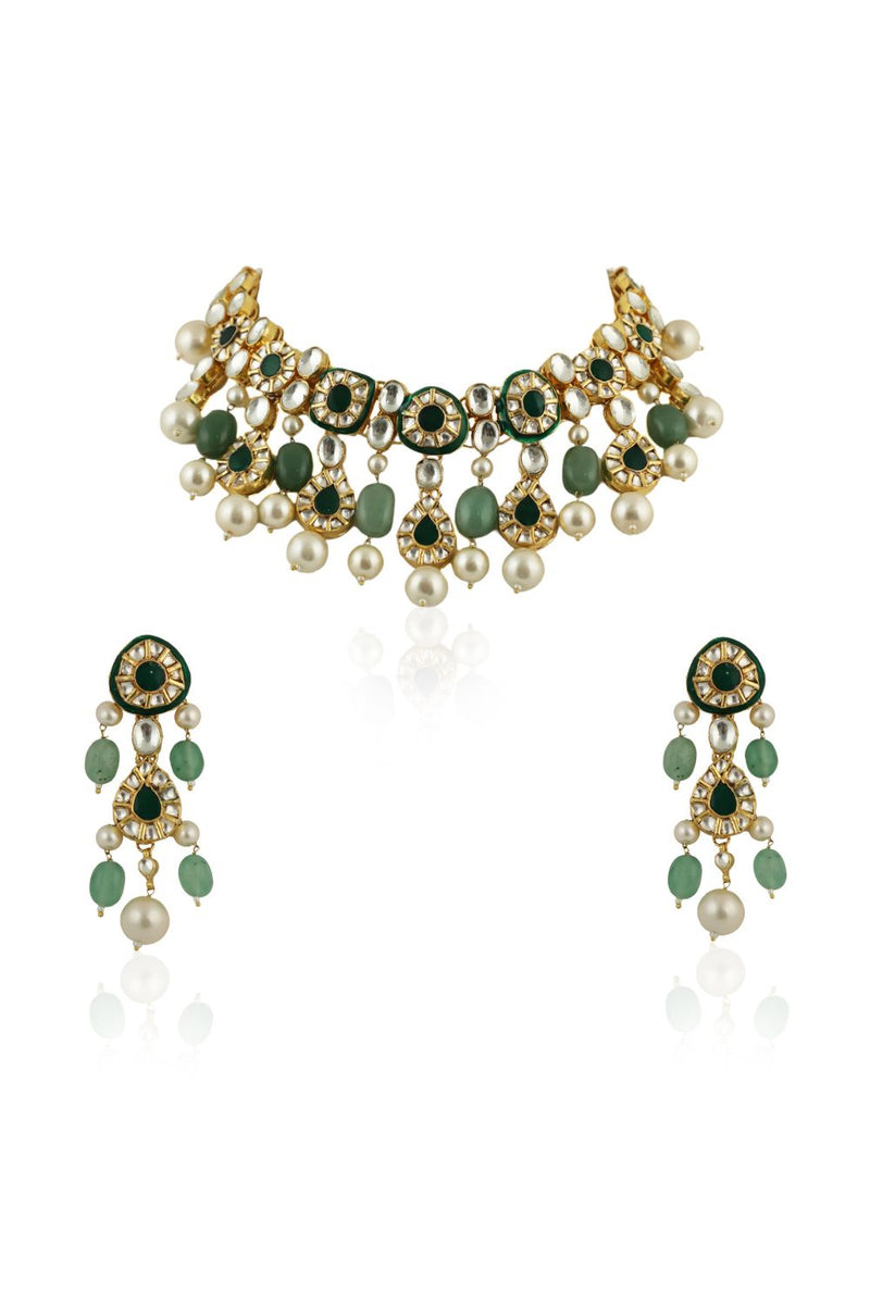 GREEN MEENAKARI NECKLACE SET WITH WHITE PEARL