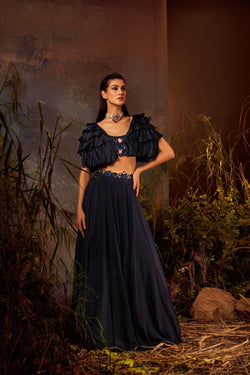 IRIS Mid night blue ruffle cape lehenga set