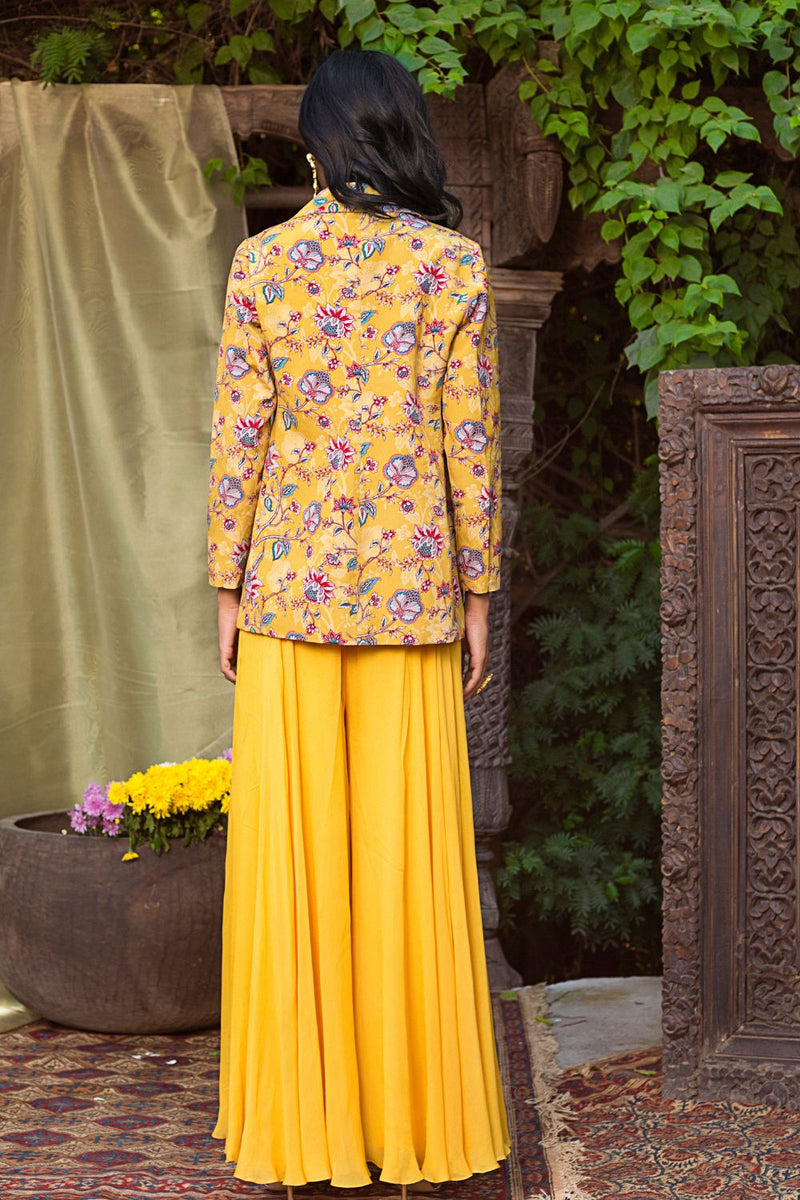 Yellow Printed Jacket With Palazzo