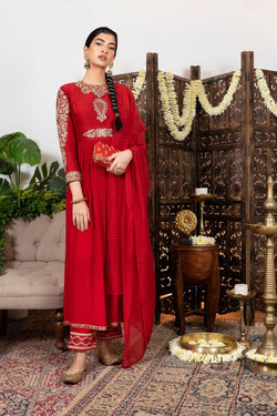 Red Embroidered Anarkali Set