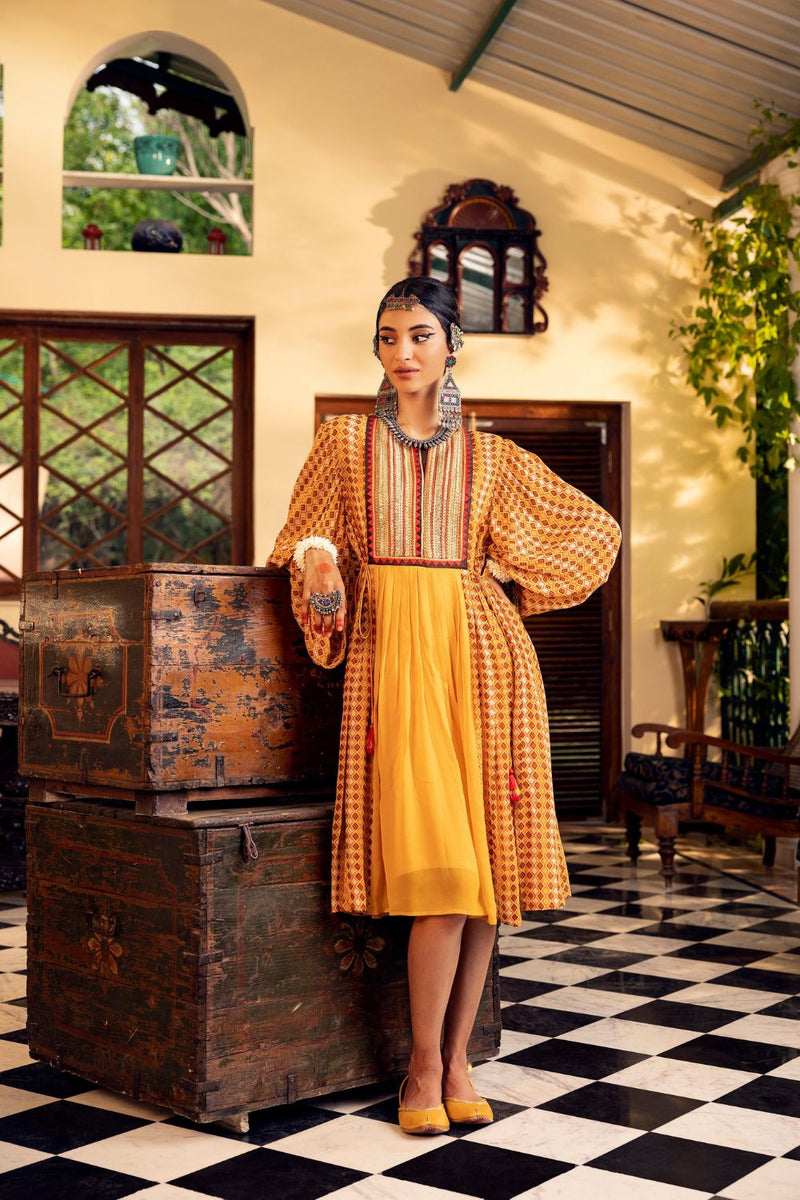 Yellow Printed  & Embroidered Dress