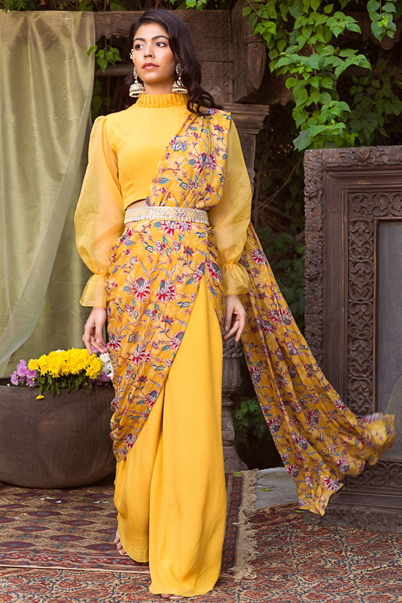 Yellow Organza Crop Top With Pant Saree And Embroidered Belt