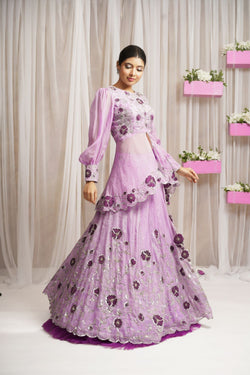 2 PIECE HANDEMBROIDERED PEPLUM TOP WITH LEHENGA SKIRT