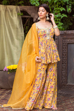 Yellow Printed Kurta And Sharara With Dupatta