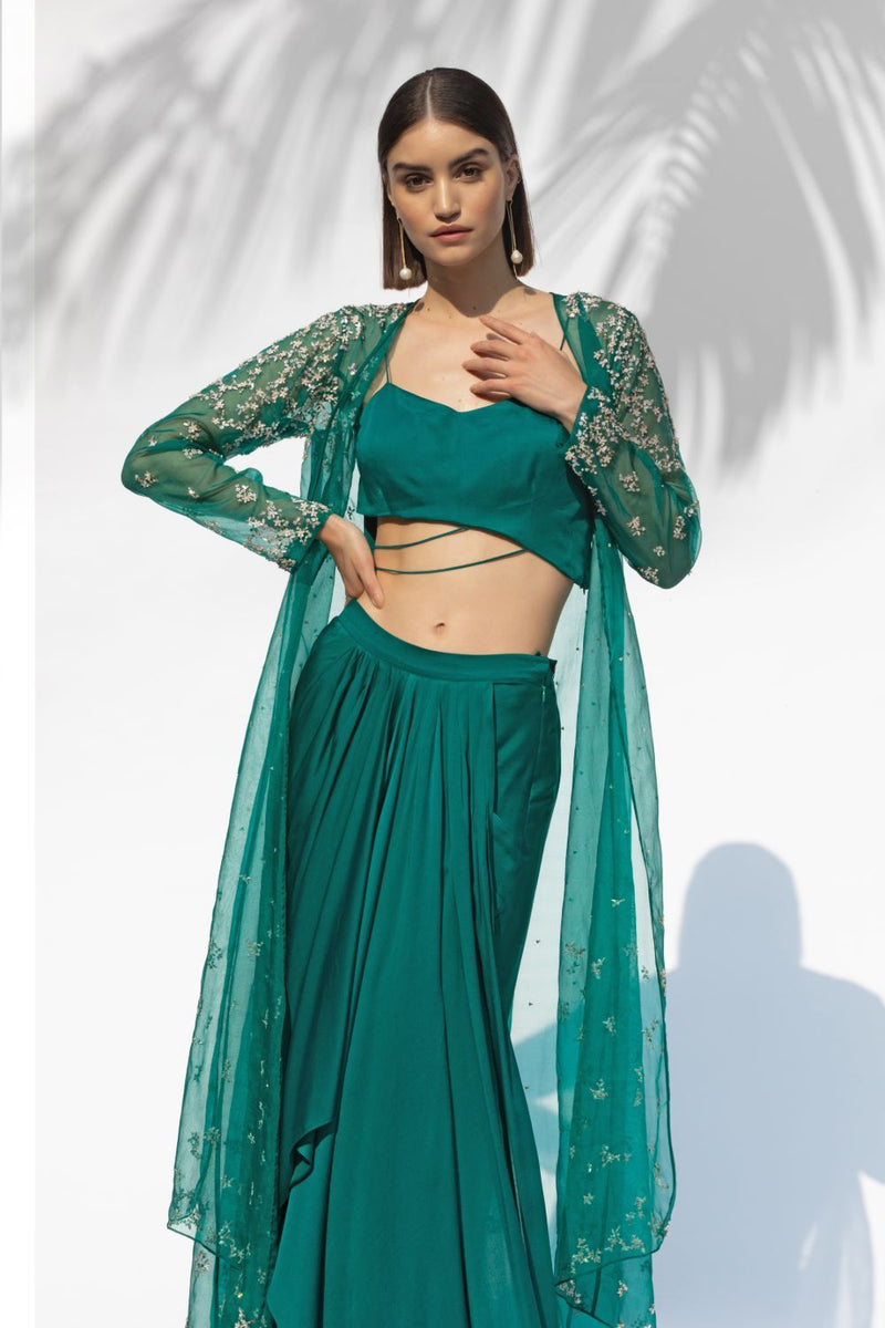 EMERALD GREEN JACKET WITH DRAPE SKIRT AND BUSTIER
