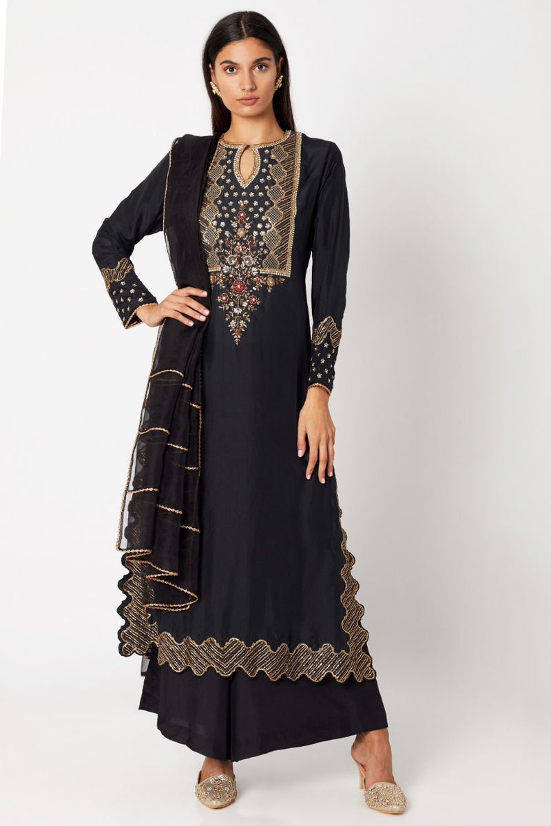 Black Embroidered Long Kurta Set