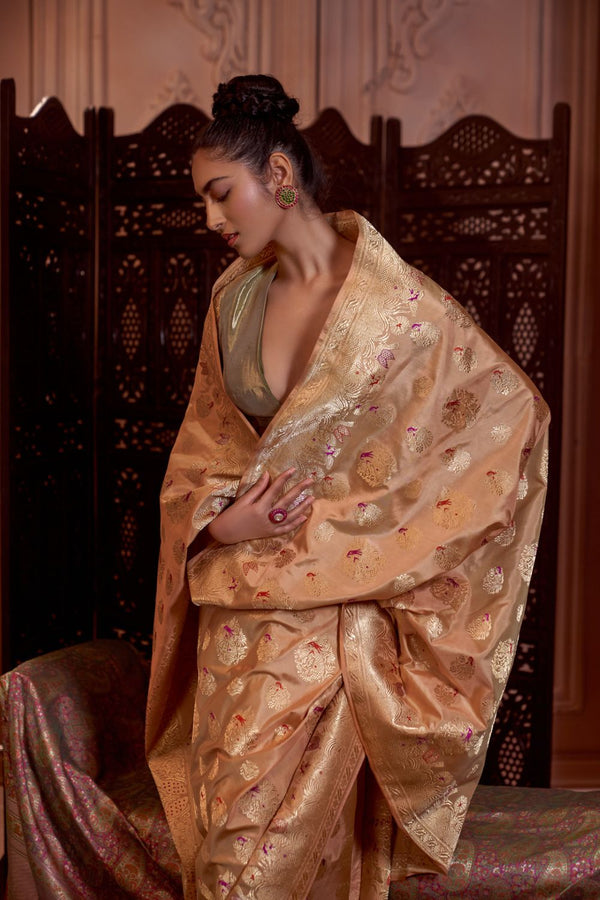Anahita Pari Apricot Banarasi Handwoven Silk Saree