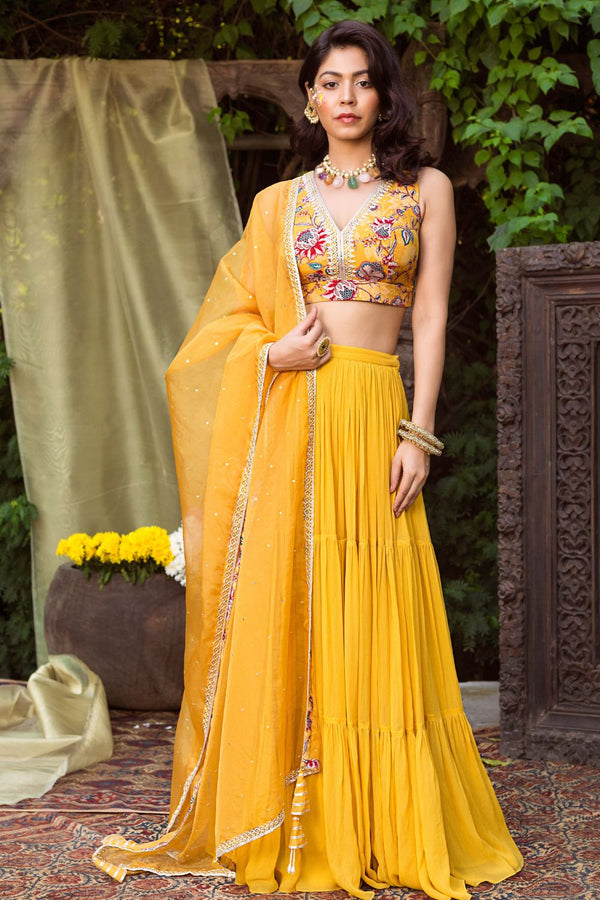 Yellow Printed Blouse And Lehenga Set