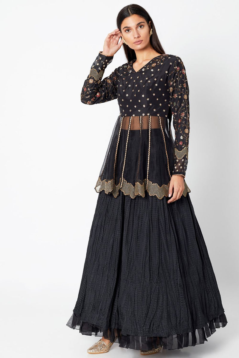 Black Embroidered Lehenga Skirt With Peplum Top