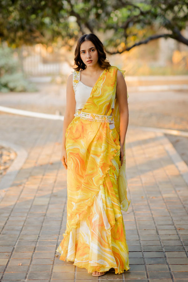 Yellow Pleated Sari