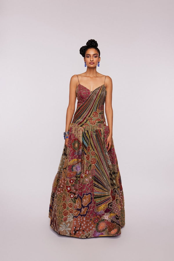 Pink  Dudes Divergence printed and embellished organza gown