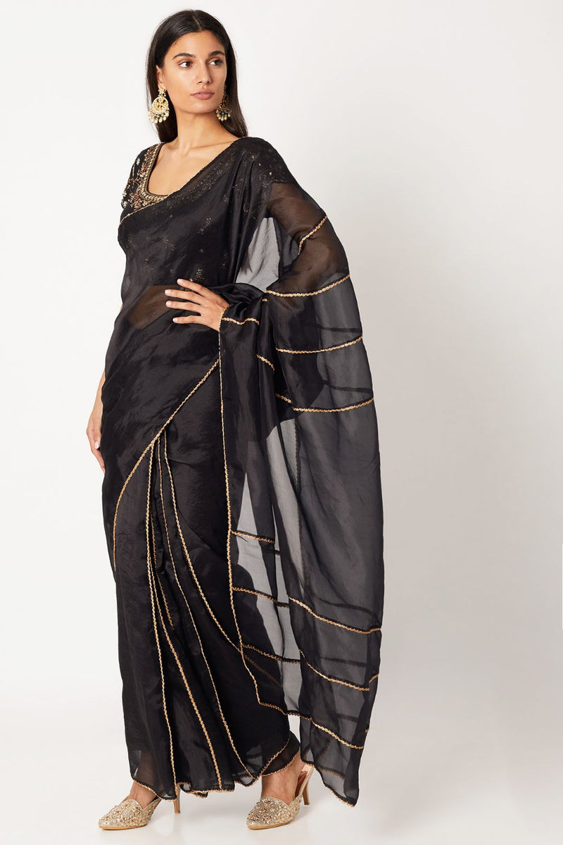 Black Embroidered Sheer Saree Set