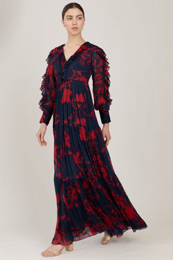 BLUE AND RED FLORAL LONG DRESS