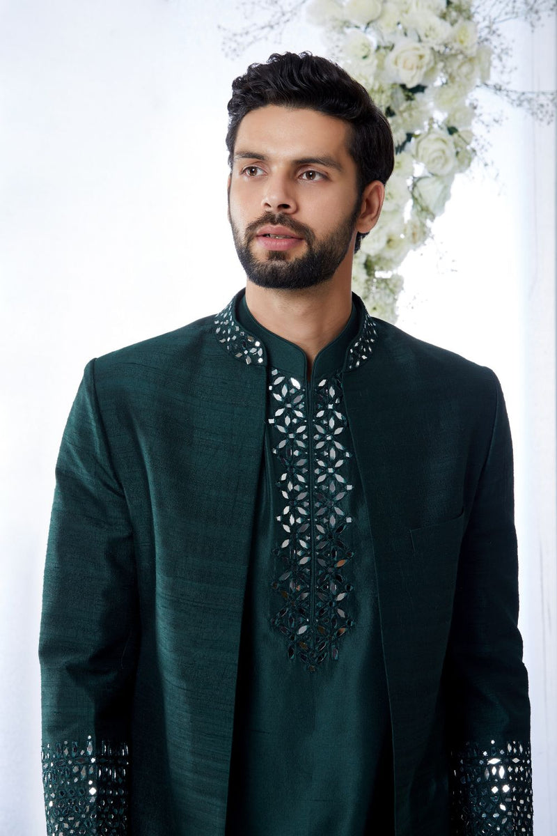 Emerald Green Mirror Open Sherwani Set