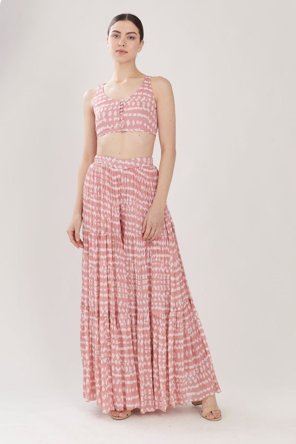PINK AND WHITE ABSTRACT THREE LAYER FLARED PANT