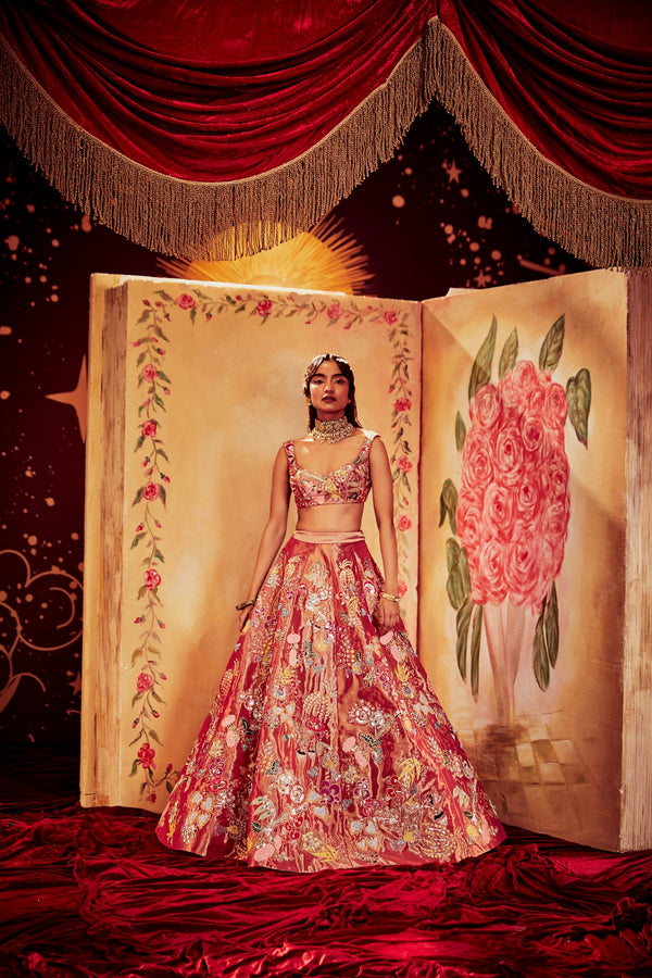 Maroon Tissue appliqued and embellished vertical brocade lehenga with blouse and  cutwork border Tissue dupatta