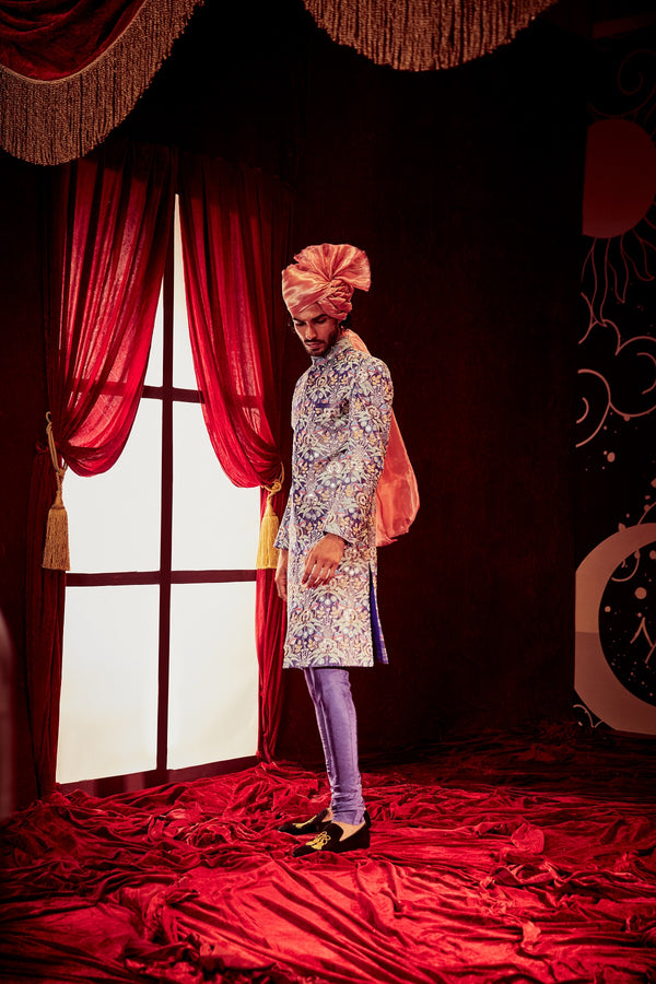 Violet Tissue appliqued and embellished Mukaish heavy kali sherwani  with dupion pants