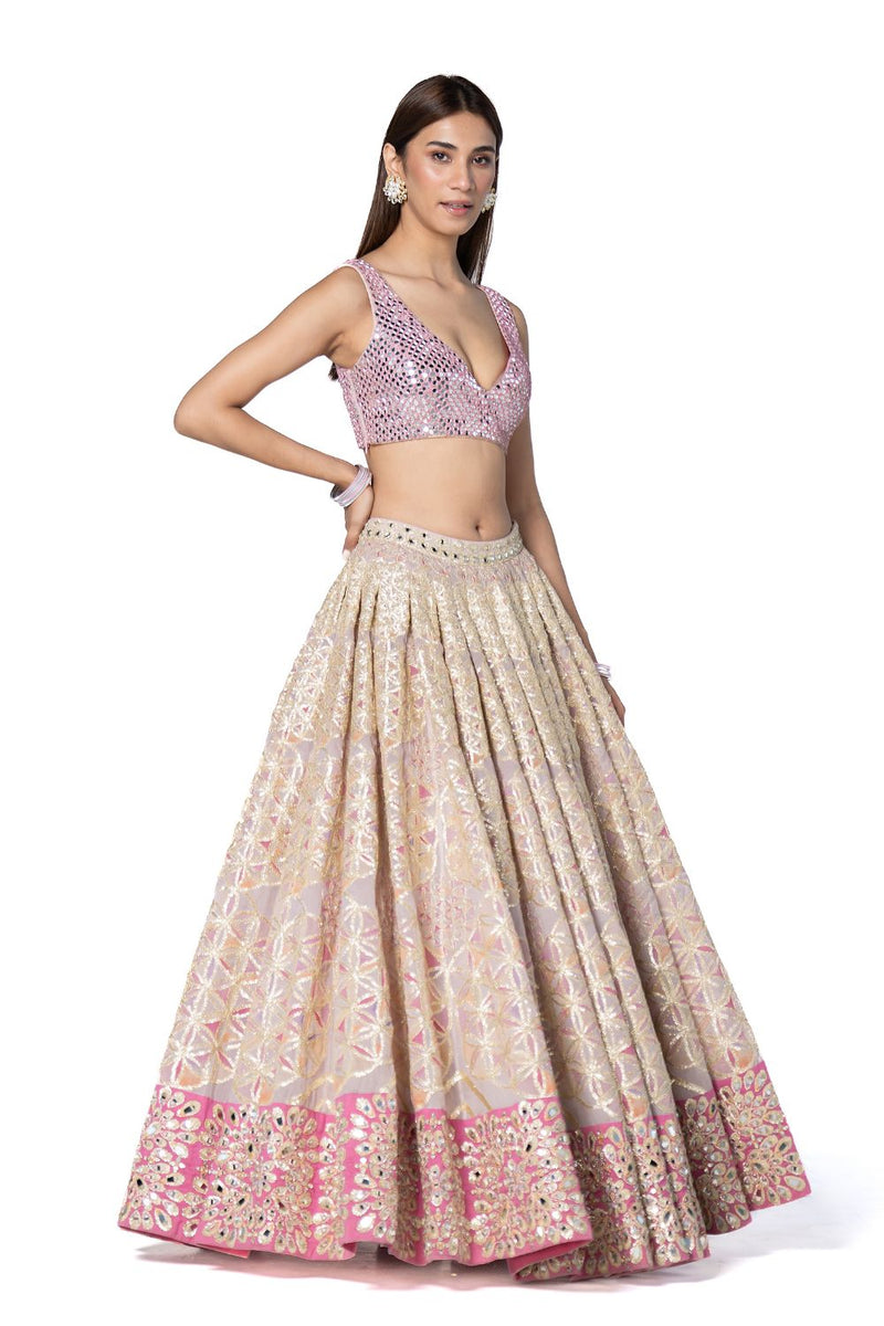 Hand Embroidered Blouse With Printed Lehenga