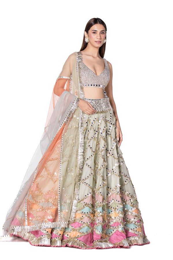 Hand Embroidered Blouse With Multicolour Patch Work Lehenga